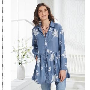 North Style Button Front Floral Embroidered Chambray Tunic Dress / Top